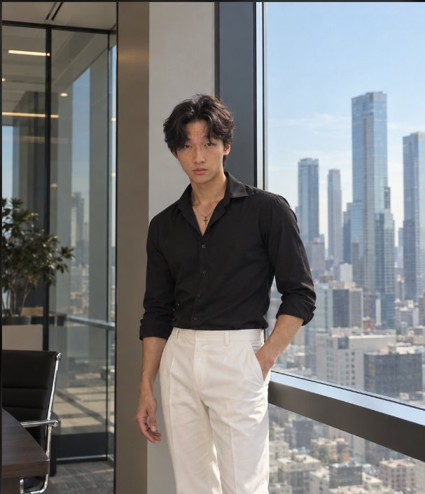 Lucus Kim standing by an office window overlooking a city skyline